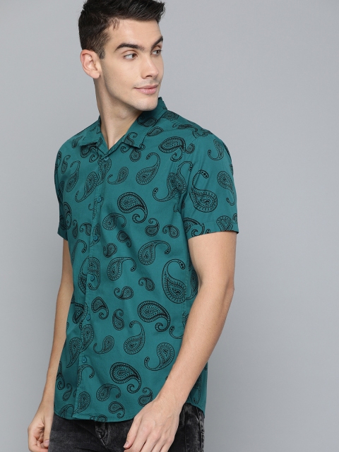 

HERE&NOW Men Teal Green & Black Slim Fit Printed Casual Shirt