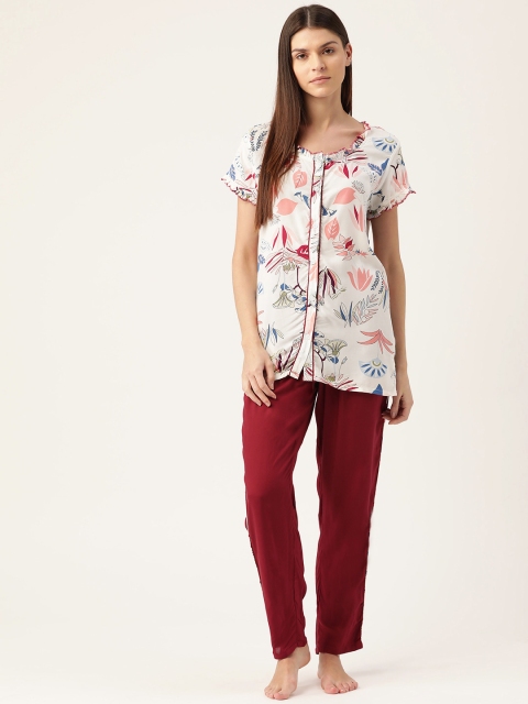 

Sweet Dreams Women White & Maroon Printed Night suit