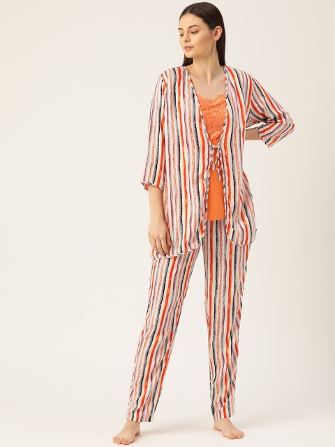 

Sweet Dreams Women Off-White & Orange Striped Layered Night Suit