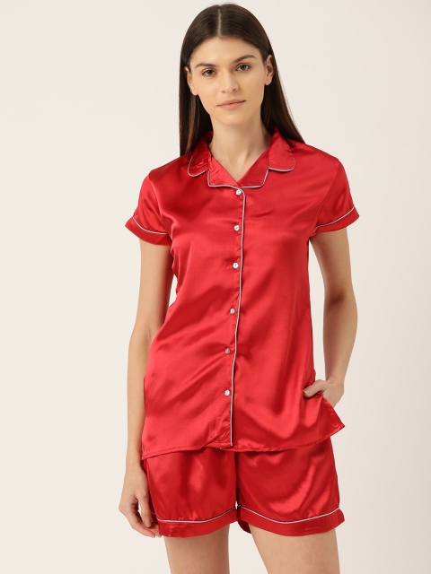 

Sweet Dreams Women Red Satin Finish Solid Night suit