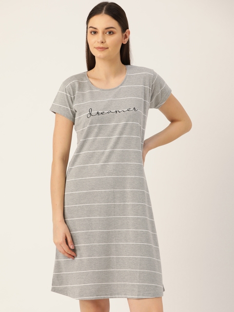 

Sweet Dreams Women Grey Melange & White Striped Sleep Shirt