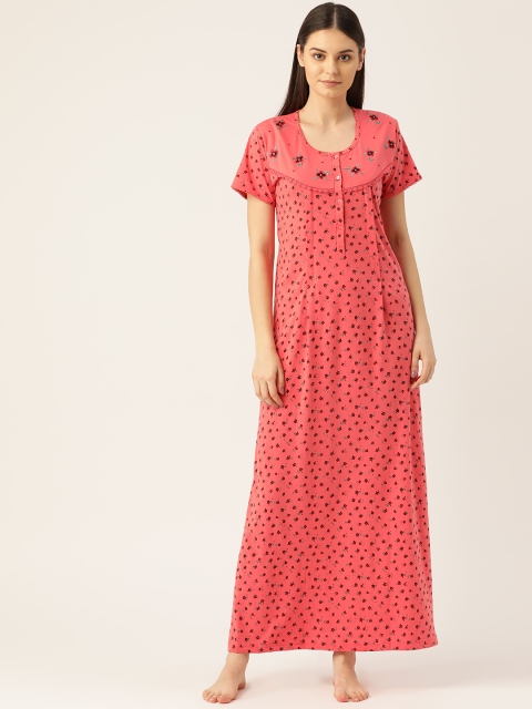 

Sweet Dreams Coral Pink & Green Printed Nightdress