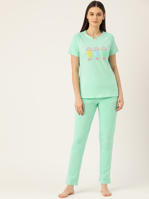

Sweet Dreams Women Sea Green & White Striped Night Suit