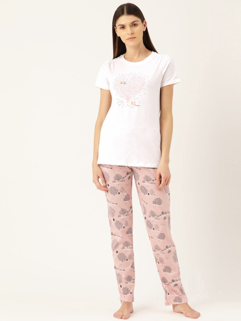 

Sweet Dreams Women White & Pink Printed Night Suit