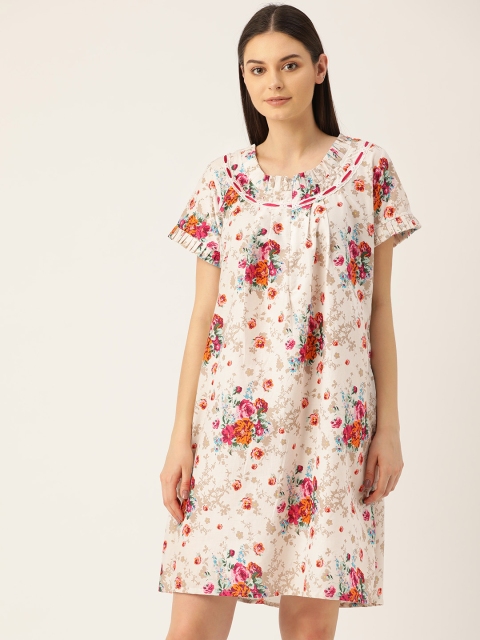 

Sweet Dreams Off-White & Pink Floral Print Pure Cotton Sleep Shirt