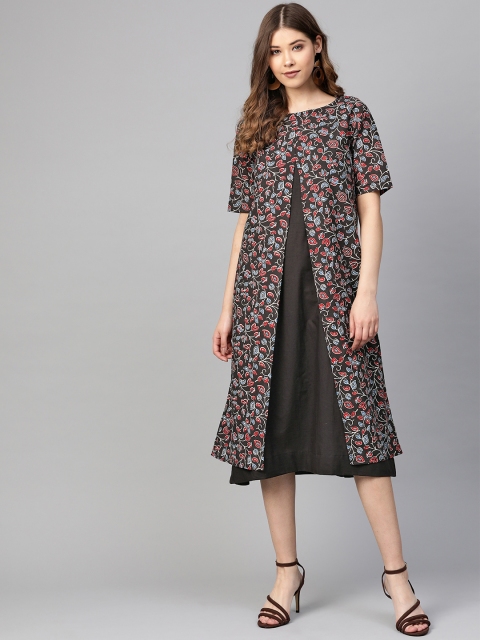 

SIAH Women Charcoal Grey Floral Print Layered Solid A-Line Dress