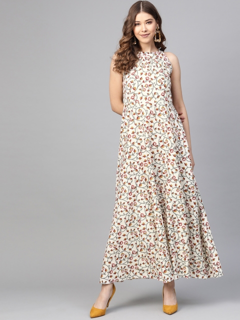 

SIAH Women Off-White & Maroon Floral Print Maxi Dress