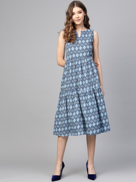 

SIAH Women Blue & White Printed Tiered A-Line Dress