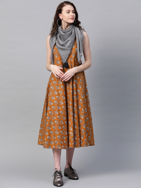 

SIAH Women Mustard Brown & Off-White Printed A-Line Dress With Scarf