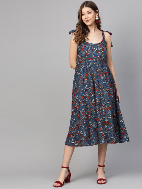 

SIAH Women Navy Blue & Red Floral Print A-Line Dress
