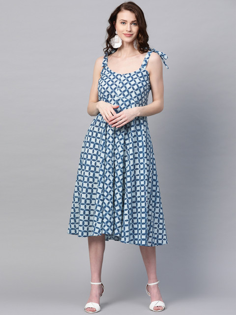 

SIAH Women Blue & White Printed A-Line Dress