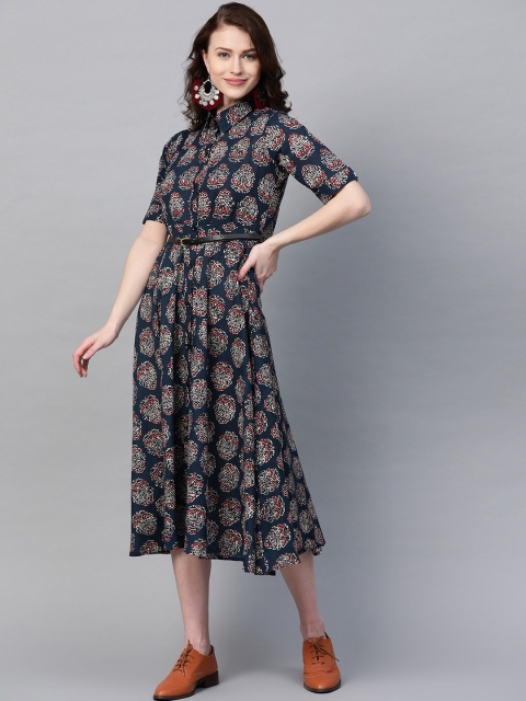 

SIAH Women Navy Blue & Maroon Printed Shirt Dress With Belt