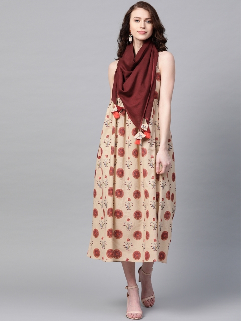 

SIAH Women Beige & Maroon Printed A-Line Dress With Scarf