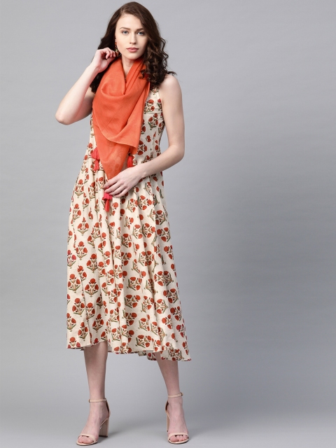 

SIAH Women Off-White & Orange Printed A-Line Dress with Scarf