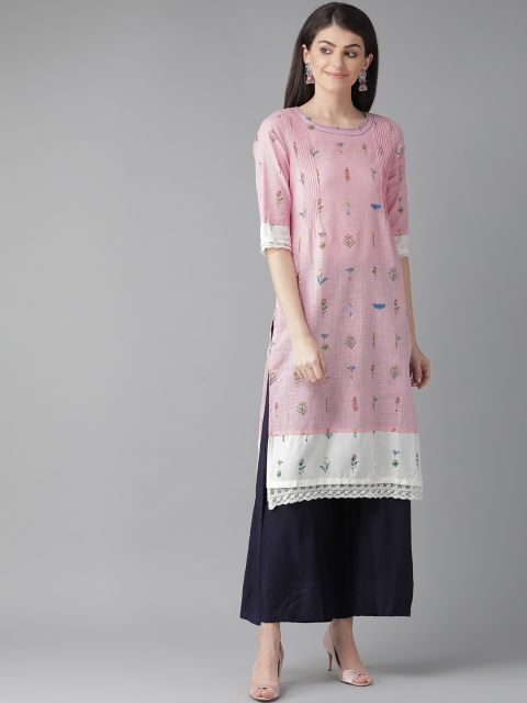 

W Women Pink & Blue Printed Straight Kurta