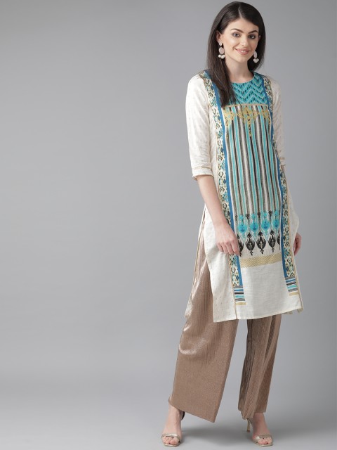 

W Women Off-White & Blue Printed Straight Kurta
