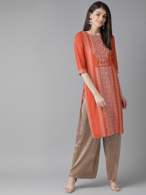 

W Women Rust Orange & Off-White Printed Straight Sustainable Kurta