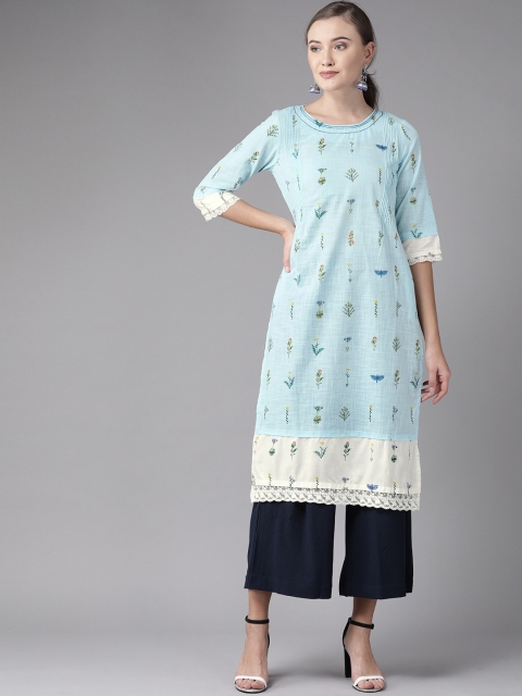 

W Women Blue & Green Printed Straight Kurta