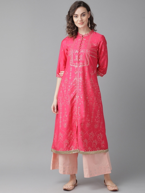 

W Women Pink & Golden Printed A-Line Kurta