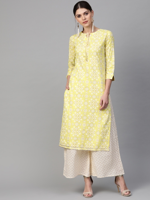 

Indo Era Women Yellow & Cream-Coloured Foil Printed Kurta with Palazzos