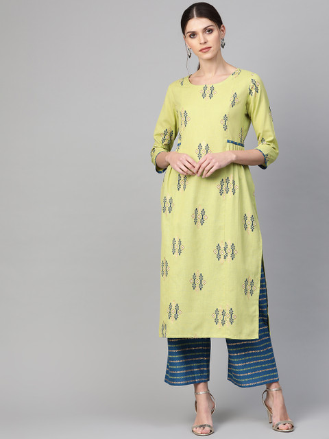 

Indo Era Women Green & Blue Foil Printed Kurta with Palazzos