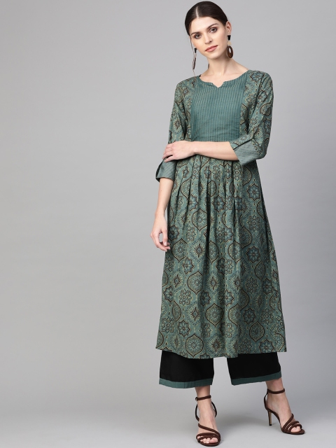 

Indo Era Women Green & Coffee Brown Screen Printed A-Line Kurta
