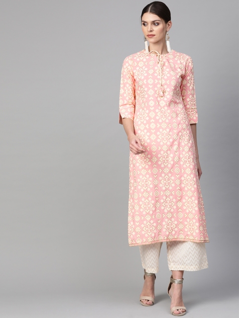 

Indo Era Women Pink & Cream-Coloured Foil Printed Kurta with Palazzos