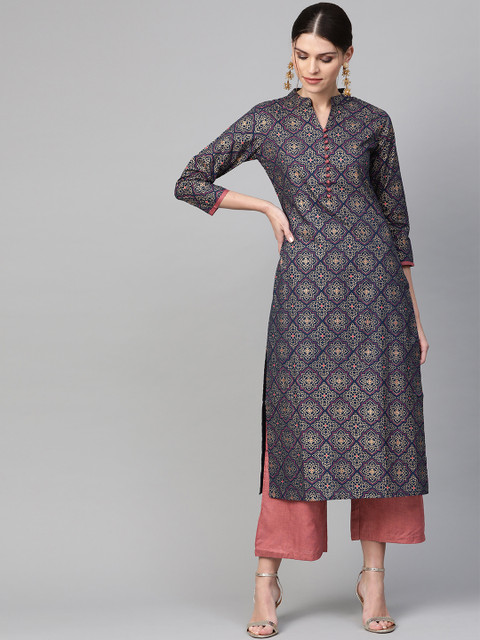 

Indo Era Women Navy Blue & Pink Foil Printed Kurta with Palazzos