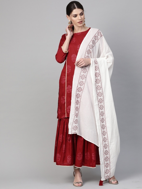 

Indo Era Women Maroon Screen Printed Kurta with Sharara & Dupatta