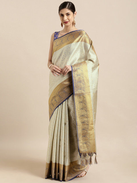 

VASTRANAND Off-White & Silver-Toned Silk Blend Woven Design Kanjeevaram Saree
