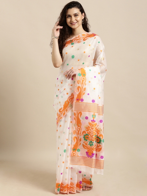 

VASTRANAND White & Orange Silk Cotton Woven Design Jamdani Saree