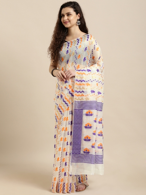 

VASTRANAND White & Purple Silk Cotton Woven Design Jamdani Saree