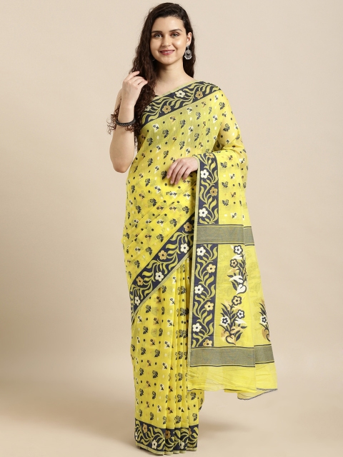 

VASTRANAND Yellow & Navy Blue Silk Cotton Woven Design Jamdani Saree