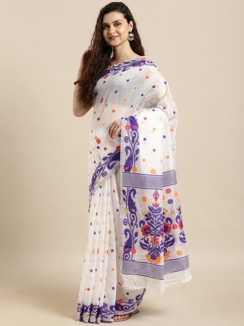 

VASTRANAND White & Purple Silk Cotton Woven Design Jamdani Saree