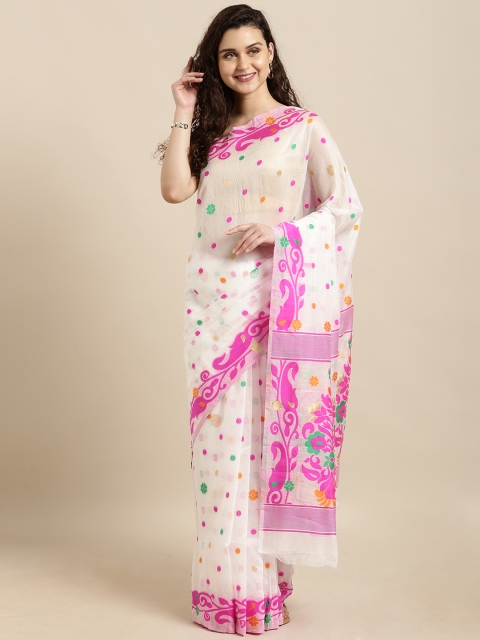 

VASTRANAND White & Pink Silk Cotton Woven Design Jamdani Saree