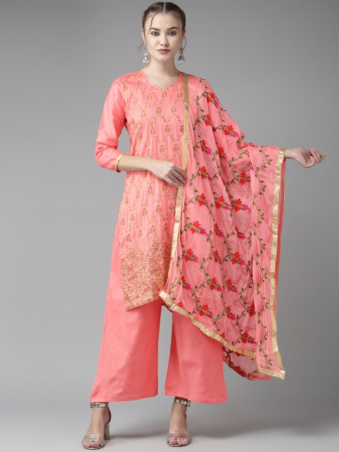 

Ishin Women Pink & Golden Embroidered Kurta with Palazzos & Dupatta