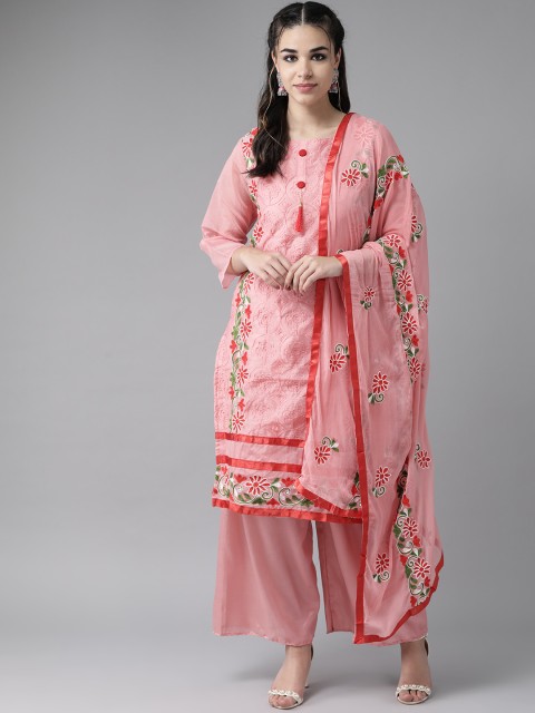 

Ishin Women Pink & Red Embroidered Kurta with Palazzos & Dupatta