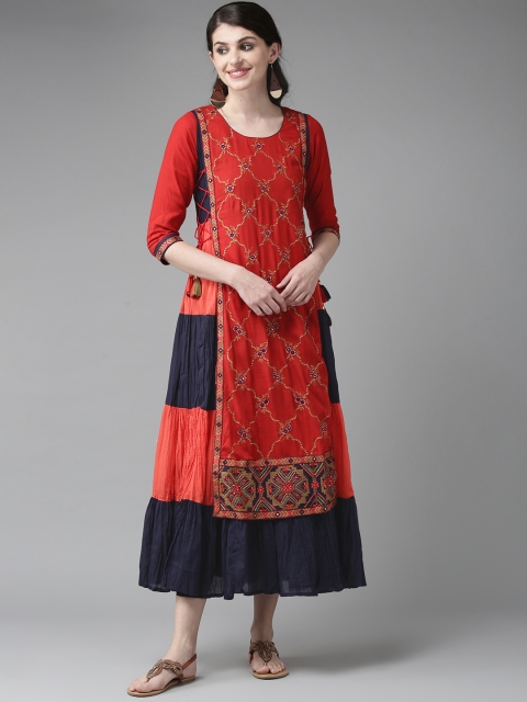 

Ishin Women Red & Navy Embroidered Layered Maxi Dress