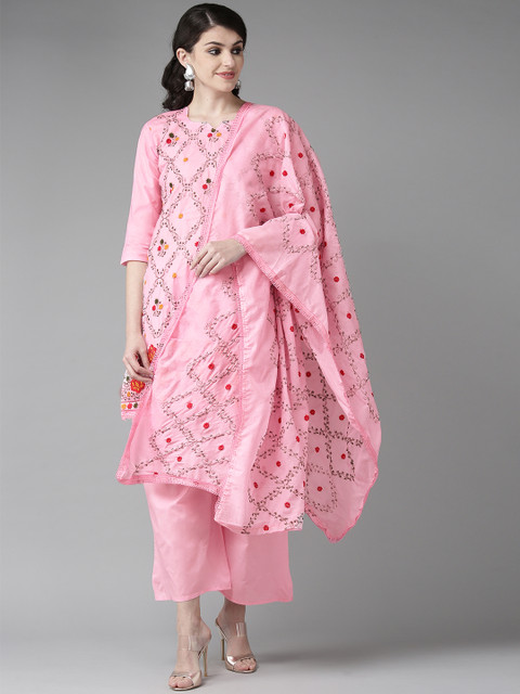 

Ishin Women Pink & Green Embroidered Kurta with Palazzos & Dupatta