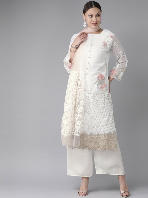 

Ishin Women White & Golden Embroidered Kurta with Palazzos & Dupatta
