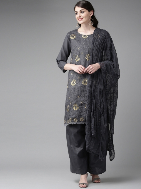 

Ishin Women Charcoal Grey & Golden Embroidered Kurta with Palazzos & Dupatta