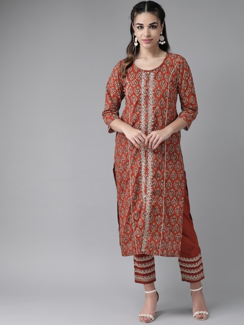 

Ishin Women Brown & Olive Green Block Print Kurta with Trousers