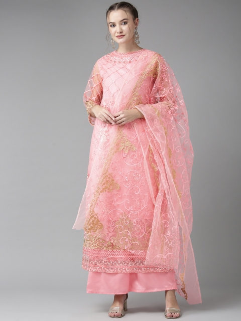 

Ishin Women Pink & Golden Embroidered Kurta with Palazzos & Dupatta