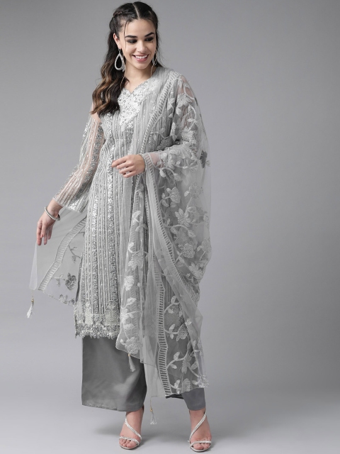 

Ishin Women Charcoal Grey & Silver Embroidered Kurta with Palazzos & Dupatta