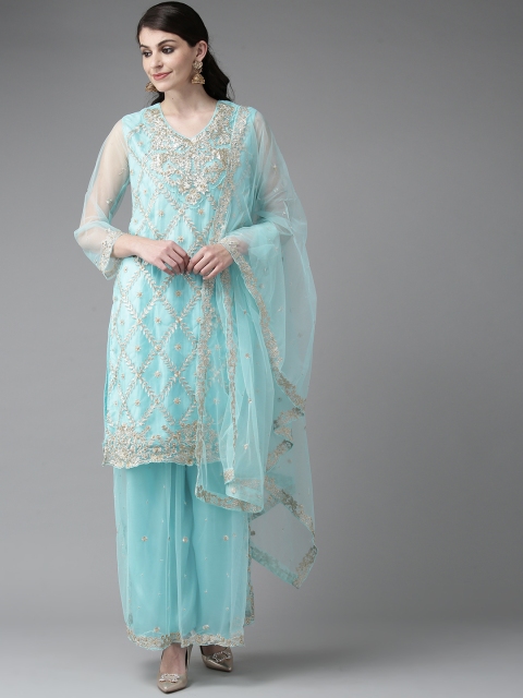 

Ishin Women Blue & Golden Embroidered Kurta with Skirt & Dupatta