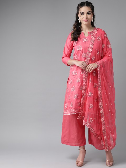 

Ishin Women Pink & Golden Embroidered Kurta with Palazzos & Dupatta