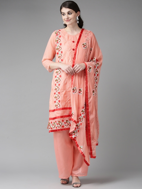

Ishin Women Peach-Coloured & White Embroidered Kurta with Palazzos & Dupatta