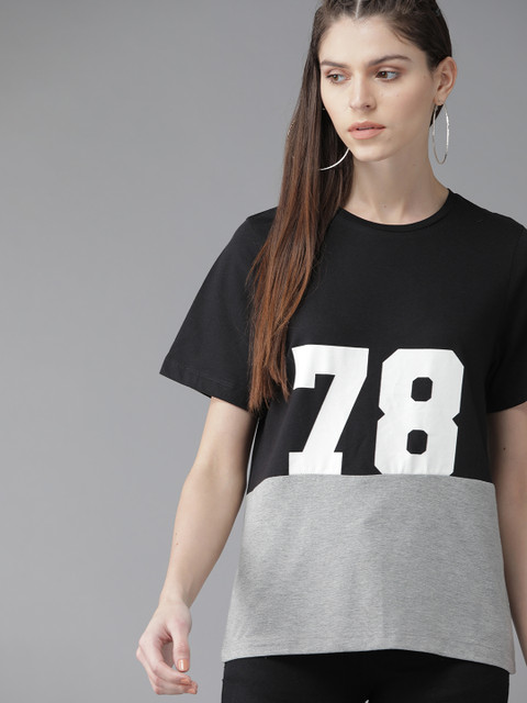 

Roadster Women Black & Grey Melange Colourblocked Round Neck T-shirt