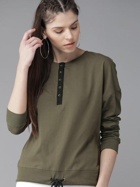 

Roadster Women Olive Green Solid Round Neck T-shirt