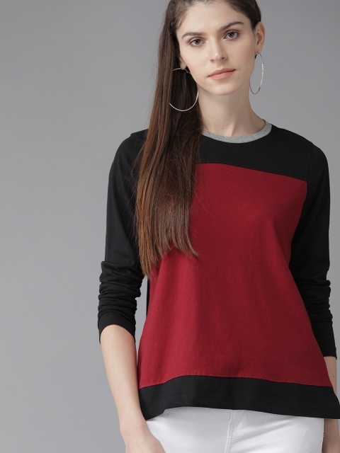 

Roadster Women Maroon & Black Colourblocked Round Neck T-shirt